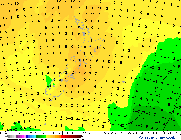 Z500/Rain (+SLP)/Z850 GFS 0.25 Po 30.09.2024 06 UTC