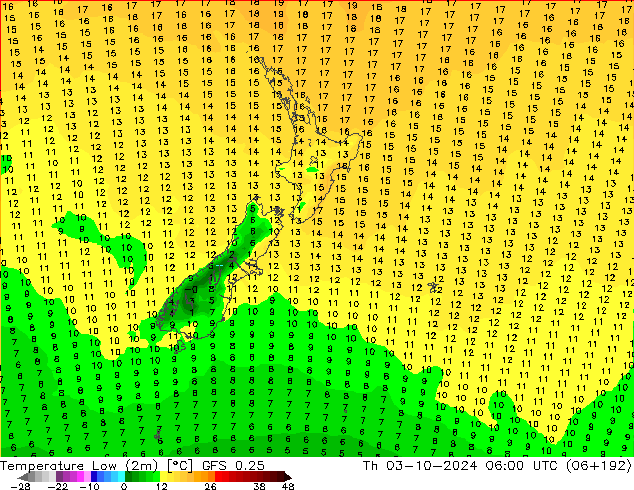 Temperature Low (2m) GFS 0.25 Th 03.10.2024 06 UTC