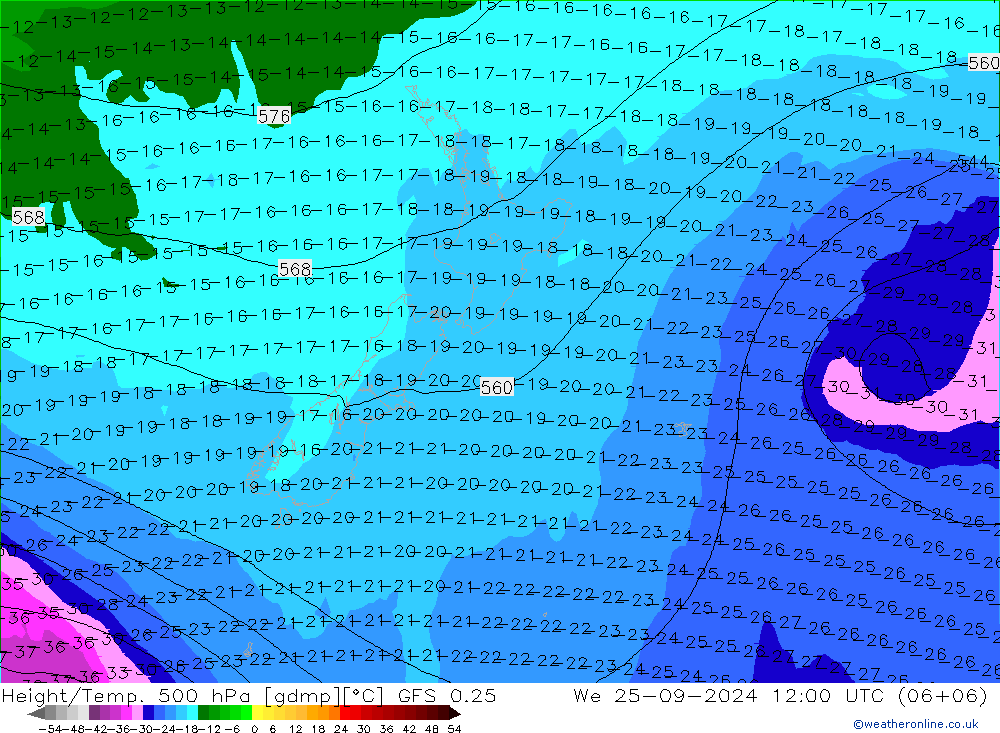 Z500/Rain (+SLP)/Z850 GFS 0.25 St 25.09.2024 12 UTC