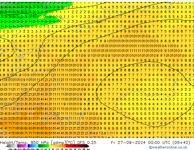 Z500/Rain (+SLP)/Z850 GFS 0.25 Sex 27.09.2024 00 UTC