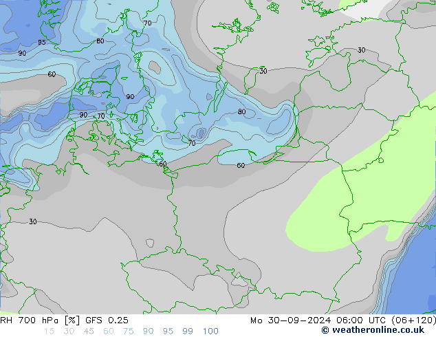 RH 700 hPa GFS 0.25 Mo 30.09.2024 06 UTC