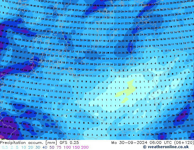 Precipitation accum. GFS 0.25 pon. 30.09.2024 06 UTC