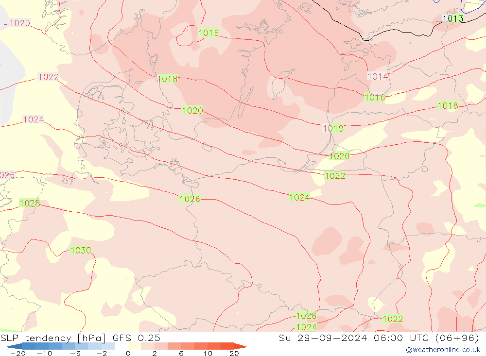 SLP tendency GFS 0.25 Dom 29.09.2024 06 UTC