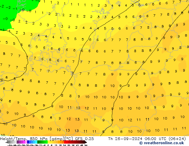 Z500/Rain (+SLP)/Z850 GFS 0.25  26.09.2024 06 UTC