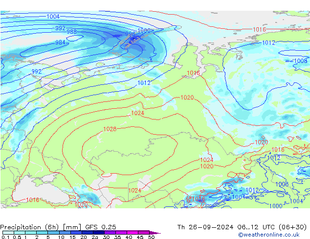 Z500/Rain (+SLP)/Z850 GFS 0.25 czw. 26.09.2024 12 UTC