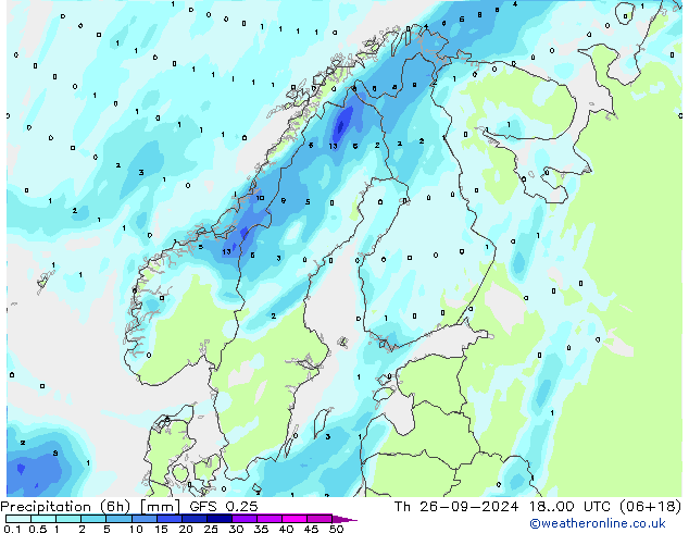 Totale neerslag (6h) GFS 0.25 do 26.09.2024 00 UTC