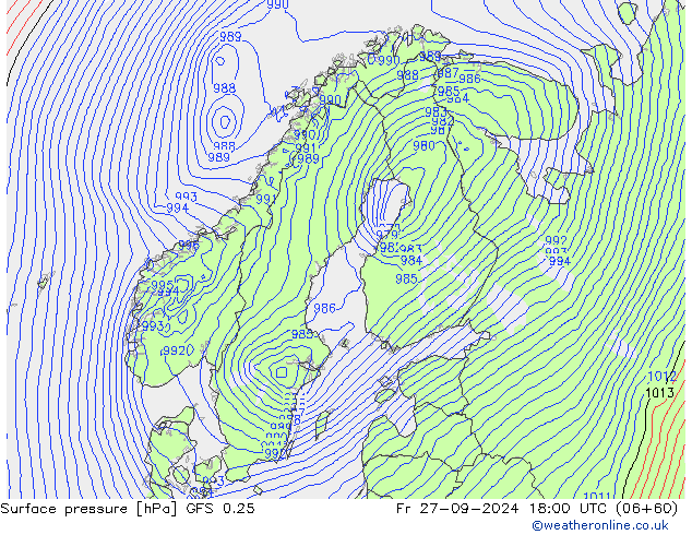 Luchtdruk (Grond) GFS 0.25 vr 27.09.2024 18 UTC