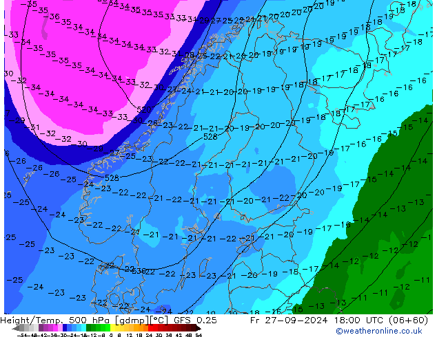 Z500/Rain (+SLP)/Z850 GFS 0.25 Fr 27.09.2024 18 UTC