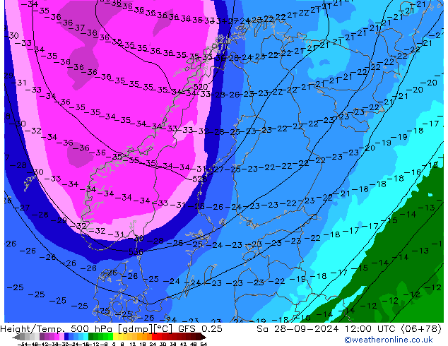 Z500/Yağmur (+YB)/Z850 GFS 0.25 Cts 28.09.2024 12 UTC