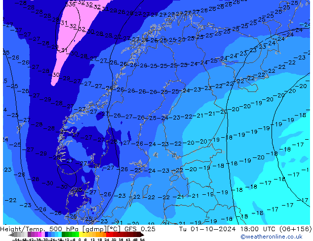 Z500/Rain (+SLP)/Z850 GFS 0.25 Tu 01.10.2024 18 UTC