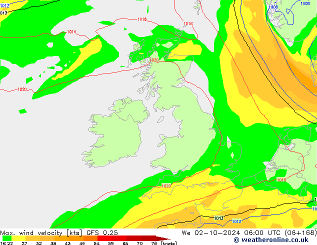 Max. wind velocity GFS 0.25 We 02.10.2024 06 UTC