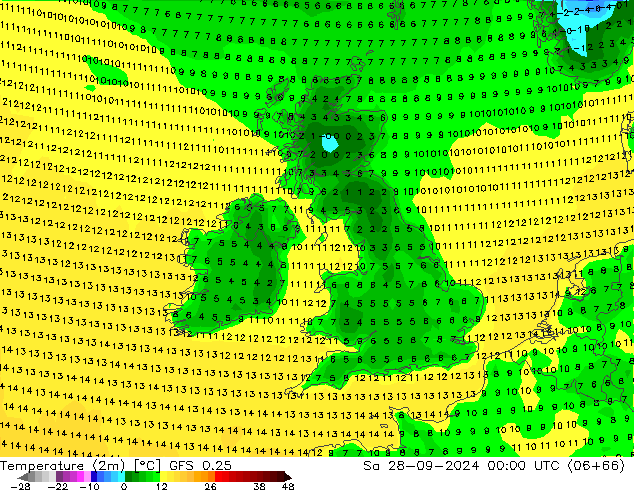 карта температуры GFS 0.25 сб 28.09.2024 00 UTC