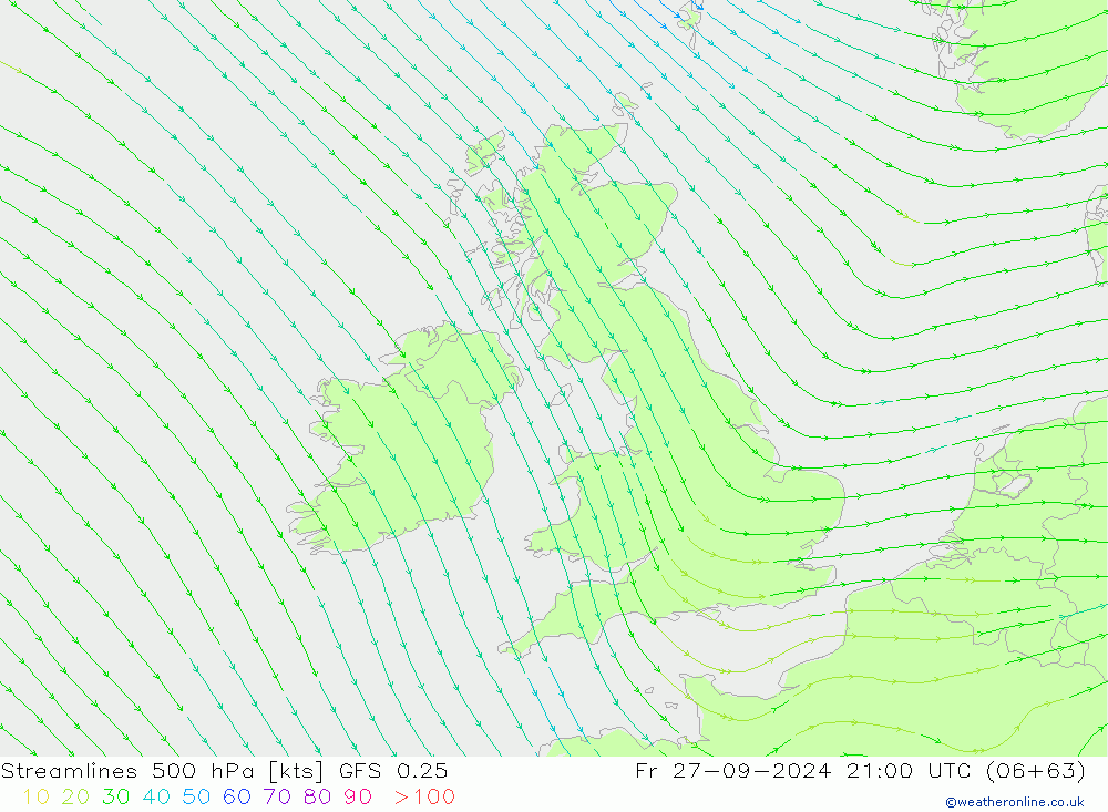 Streamlines 500 hPa GFS 0.25 Fr 27.09.2024 21 UTC