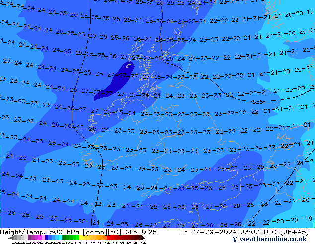 Z500/Rain (+SLP)/Z850 GFS 0.25 Fr 27.09.2024 03 UTC