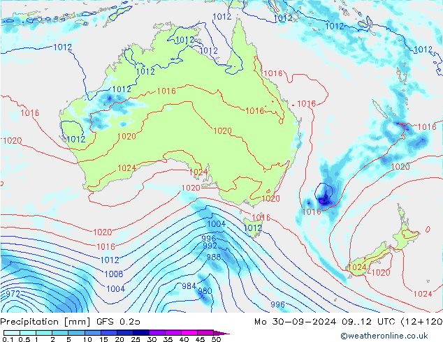 Srážky GFS 0.25 Po 30.09.2024 12 UTC