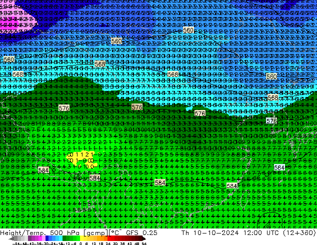 Z500/Rain (+SLP)/Z850 GFS 0.25 Qui 10.10.2024 12 UTC