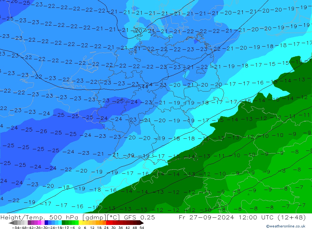 Z500/Rain (+SLP)/Z850 GFS 0.25  27.09.2024 12 UTC