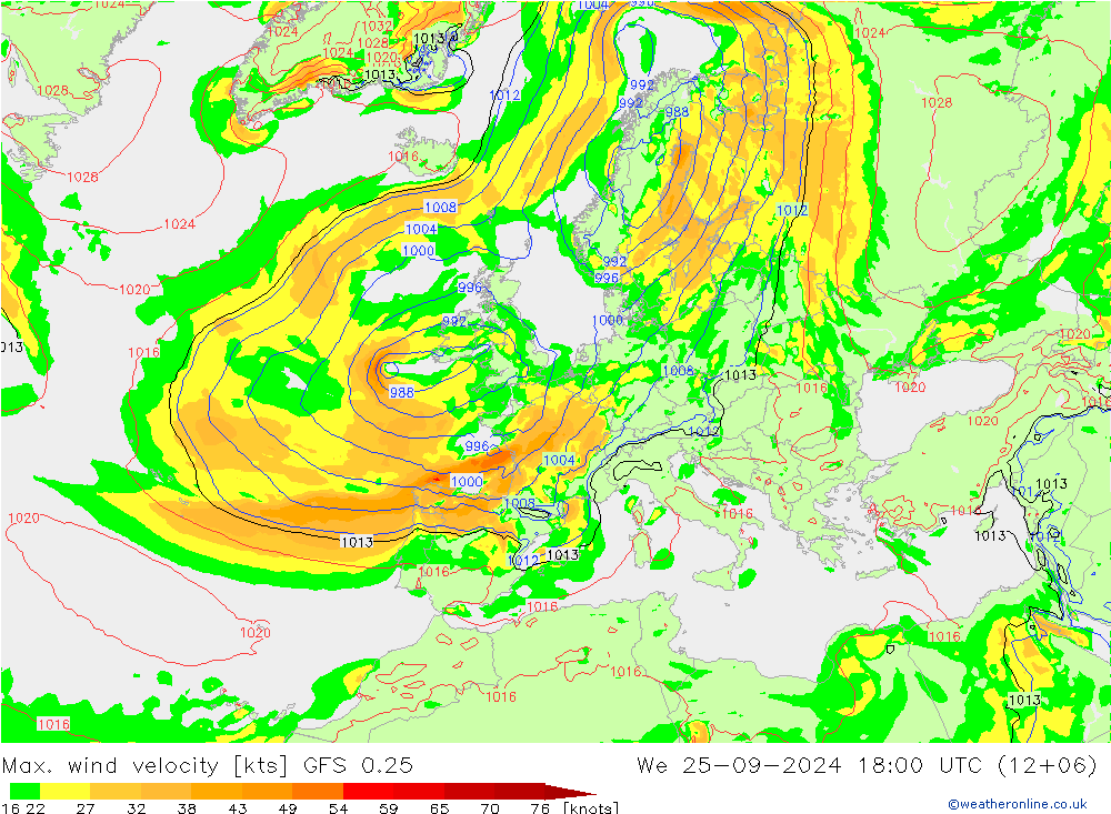 Max. wind velocity GFS 0.25 Qua 25.09.2024 18 UTC