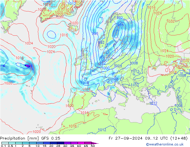 Precipitation GFS 0.25 Fr 27.09.2024 12 UTC