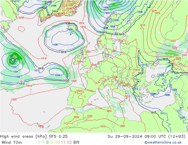 High wind areas GFS 0.25 Dom 29.09.2024 09 UTC