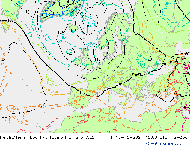 Z500/Rain (+SLP)/Z850 GFS 0.25 Čt 10.10.2024 12 UTC