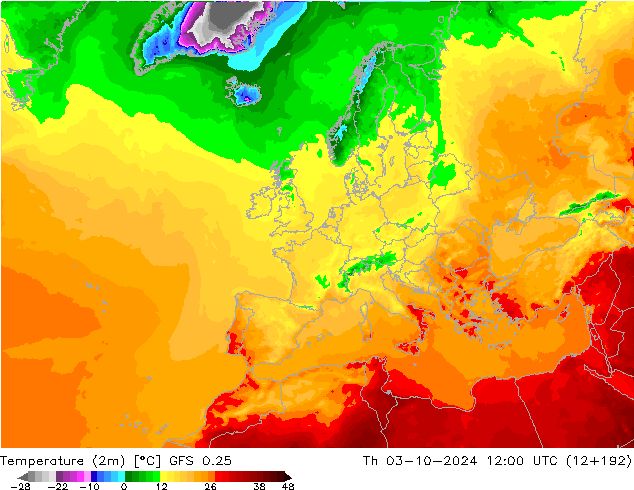 Temperatuurkaart (2m) GFS 0.25 do 03.10.2024 12 UTC