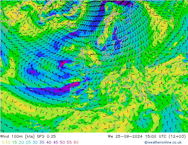 Vent 100m GFS 0.25 mer 25.09.2024 15 UTC