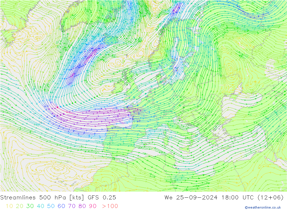 Streamlines 500 hPa GFS 0.25 We 25.09.2024 18 UTC