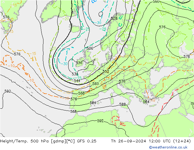 Z500/Rain (+SLP)/Z850 GFS 0.25 czw. 26.09.2024 12 UTC