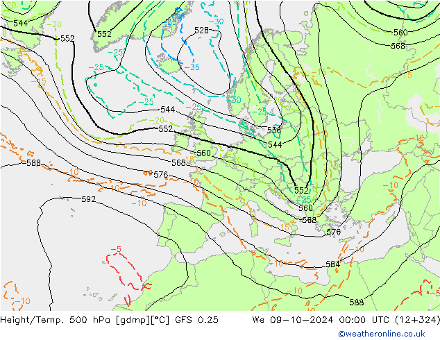 Z500/Rain (+SLP)/Z850 GFS 0.25 We 09.10.2024 00 UTC