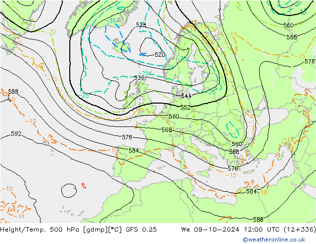 Z500/Rain (+SLP)/Z850 GFS 0.25  09.10.2024 12 UTC