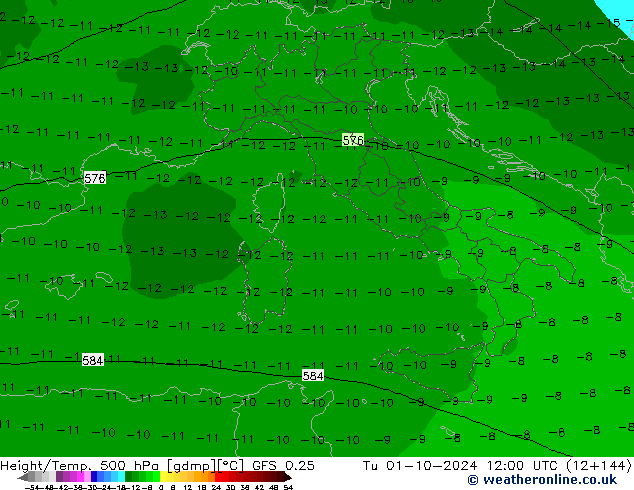 Z500/Rain (+SLP)/Z850 GFS 0.25 mar 01.10.2024 12 UTC