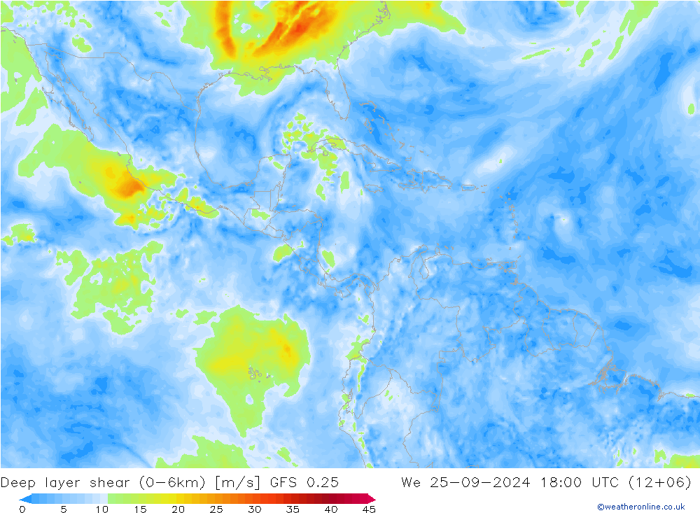 Deep layer shear (0-6km) GFS 0.25 śro. 25.09.2024 18 UTC