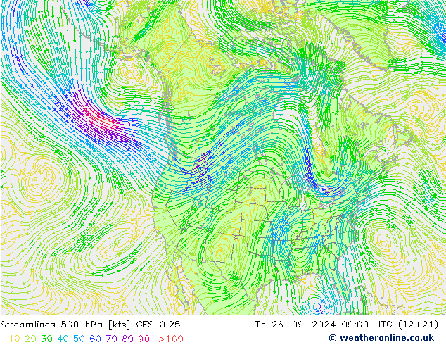 Streamlines 500 hPa GFS 0.25 Th 26.09.2024 09 UTC