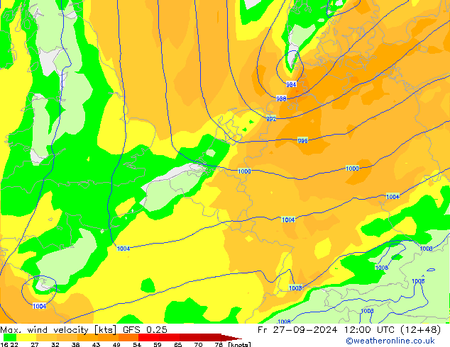 Max. wind velocity GFS 0.25 ven 27.09.2024 12 UTC