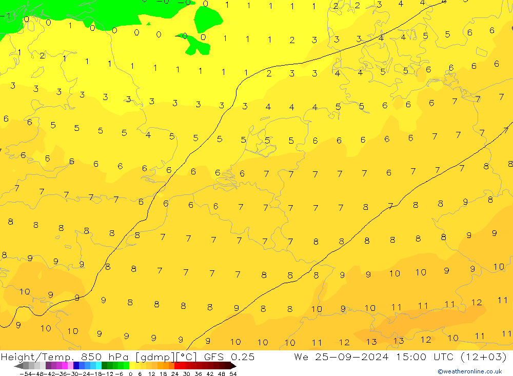 Z500/Rain (+SLP)/Z850 GFS 0.25 Mi 25.09.2024 15 UTC