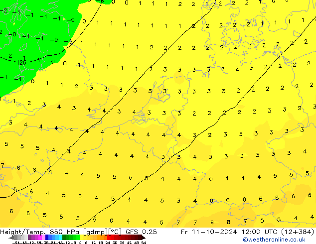 Hoogte/Temp. 850 hPa GFS 0.25 vr 11.10.2024 12 UTC