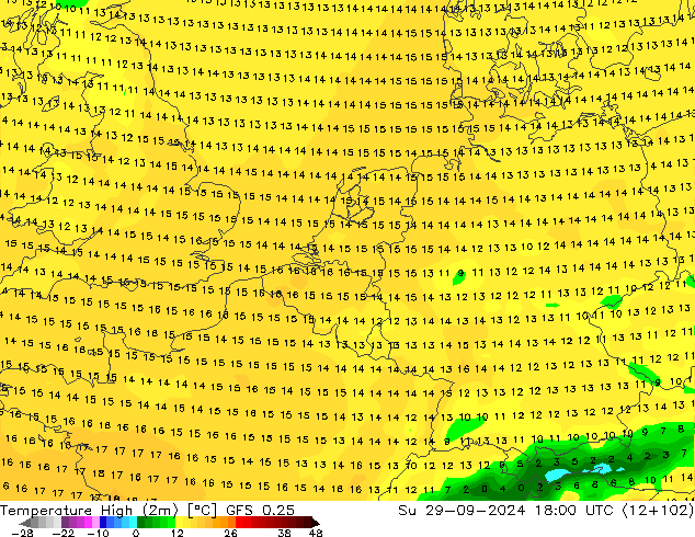 température 2m max GFS 0.25 dim 29.09.2024 18 UTC