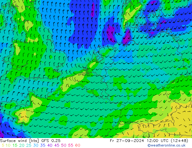 Vent 10 m GFS 0.25 ven 27.09.2024 12 UTC