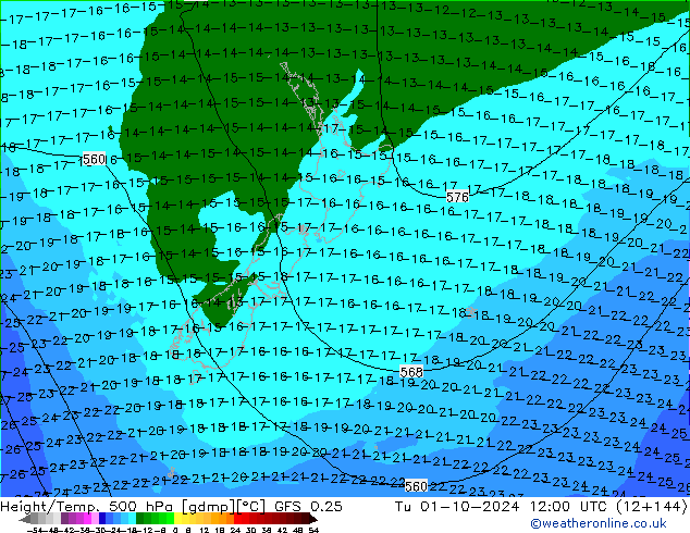 Z500/Rain (+SLP)/Z850 GFS 0.25 Út 01.10.2024 12 UTC