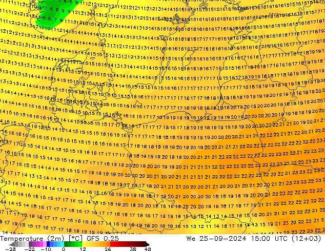 mapa temperatury (2m) GFS 0.25 śro. 25.09.2024 15 UTC