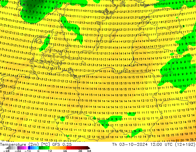 Temperature (2m) GFS 0.25 Th 03.10.2024 12 UTC