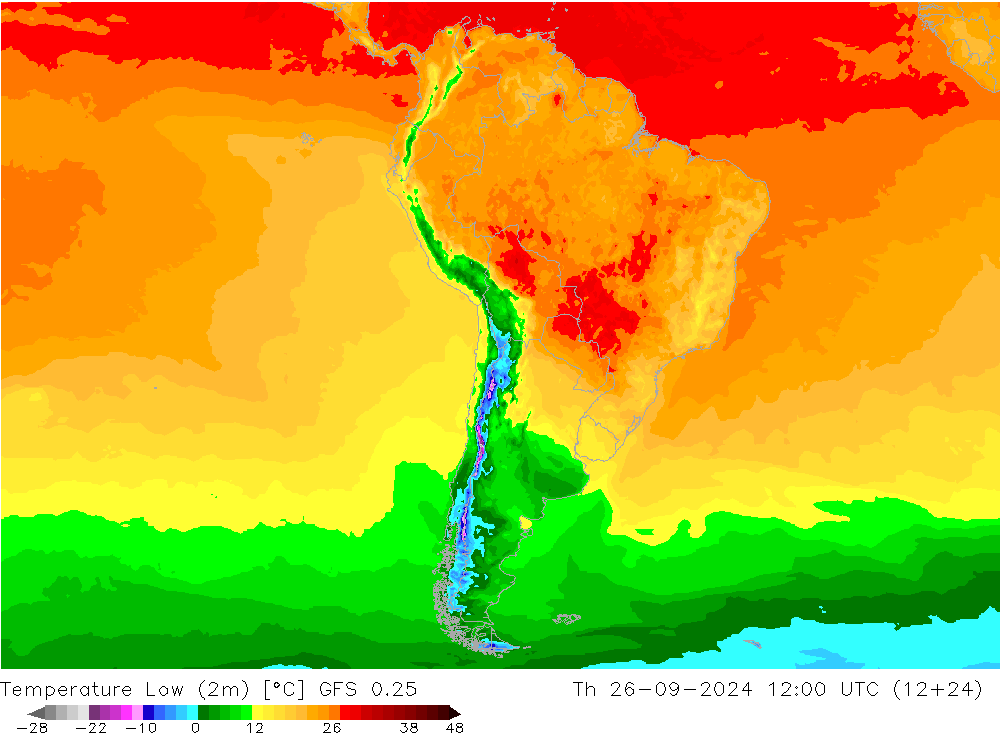 Temperature Low (2m) GFS 0.25 Th 26.09.2024 12 UTC