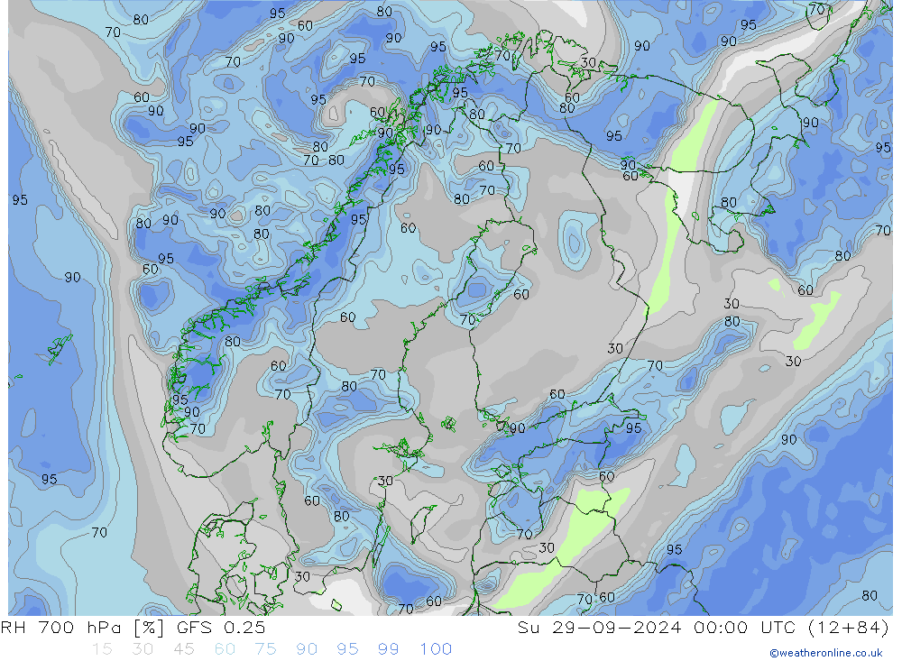 700 hPa Nispi Nem GFS 0.25 Paz 29.09.2024 00 UTC