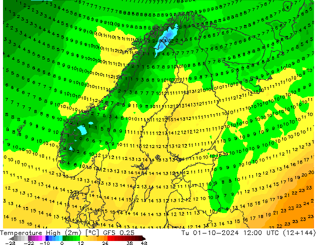 Temperature High (2m) GFS 0.25 Tu 01.10.2024 12 UTC