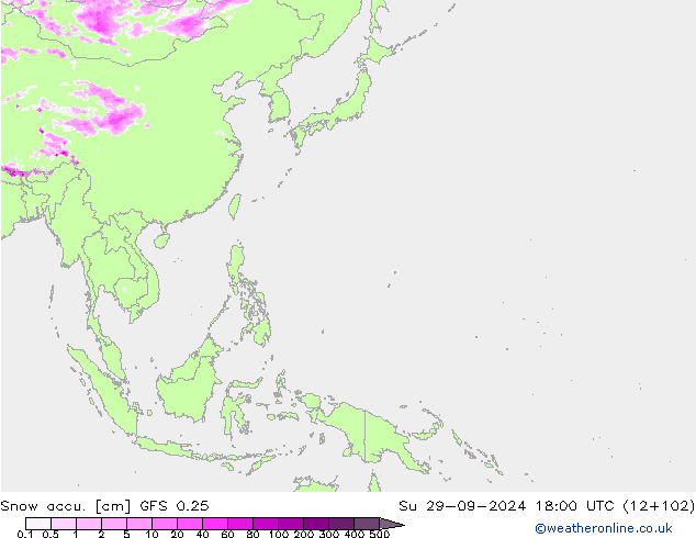 Snow accu. GFS 0.25 Dom 29.09.2024 18 UTC