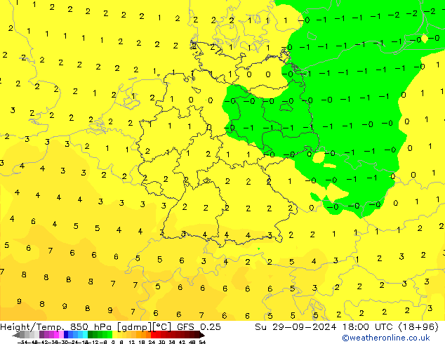 Geop./Temp. 850 hPa GFS 0.25 dom 29.09.2024 18 UTC