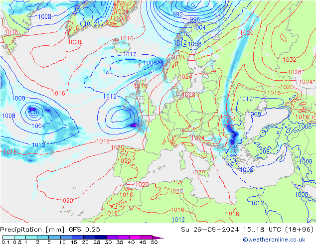 Niederschlag GFS 0.25 So 29.09.2024 18 UTC