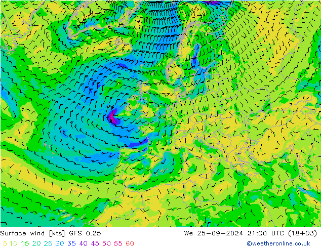 Vento 10 m GFS 0.25 Qua 25.09.2024 21 UTC