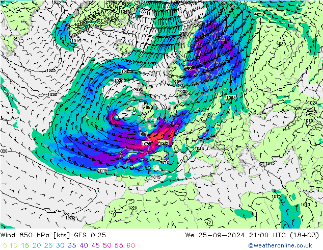 Vento 850 hPa GFS 0.25 Qua 25.09.2024 21 UTC